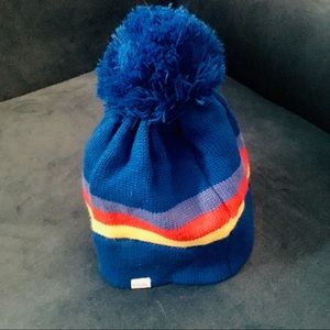 Blue Pompom Beanie with Yellow and Red Stripe